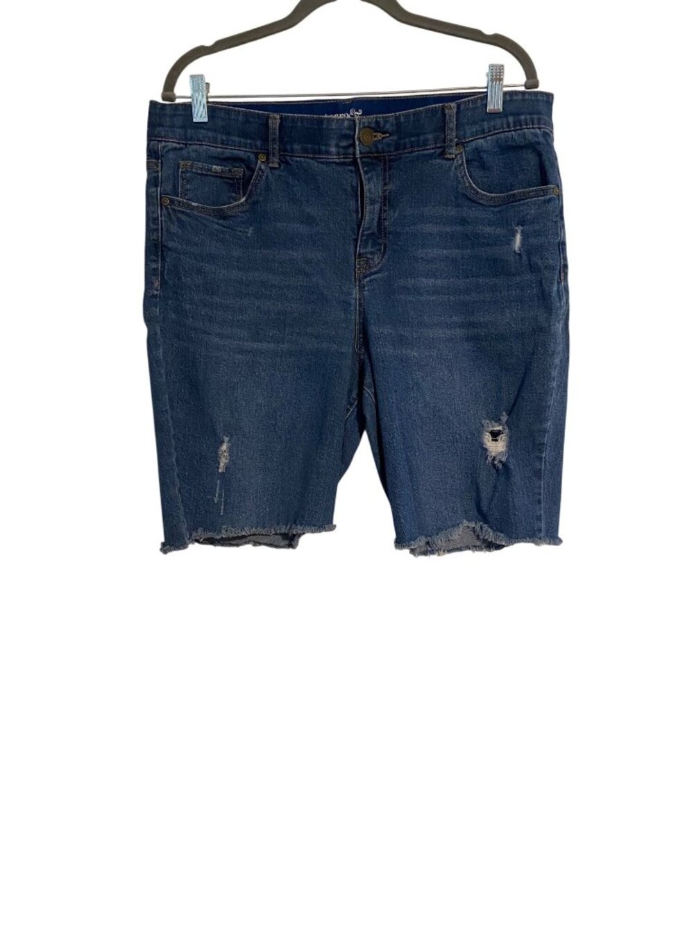 Terra & Sky Women's 14W Blue Boyfriend Denim Shorts Distressed Frayed Hem Casual